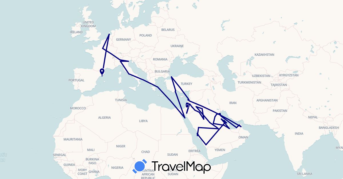 TravelMap itinerary: driving in United Arab Emirates, Bahrain, Egypt, Spain, France, Greece, Israel, Italy, Jordan, Kuwait, Lebanon, Netherlands, Palestinian Territories, Saudi Arabia, Syria, Turkey (Africa, Asia, Europe)
